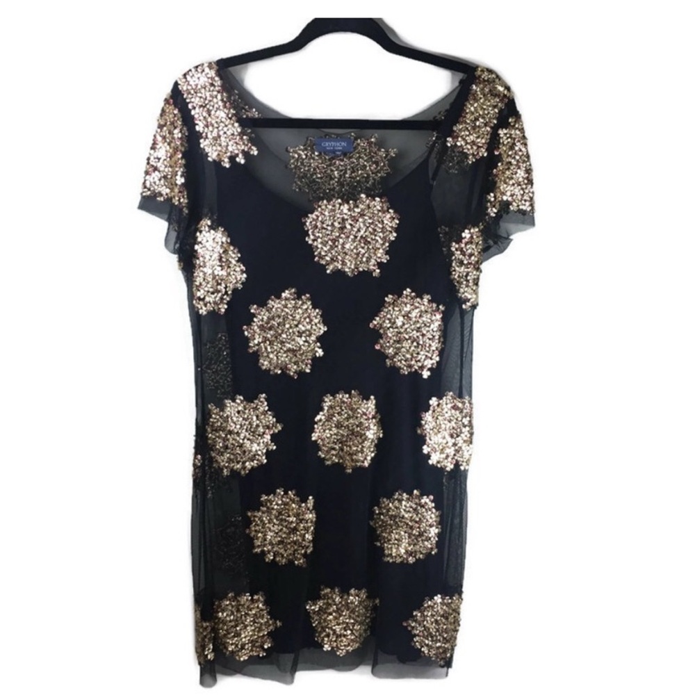 Gryphon Floral Beaded Metallic Mesh Overlay Dress